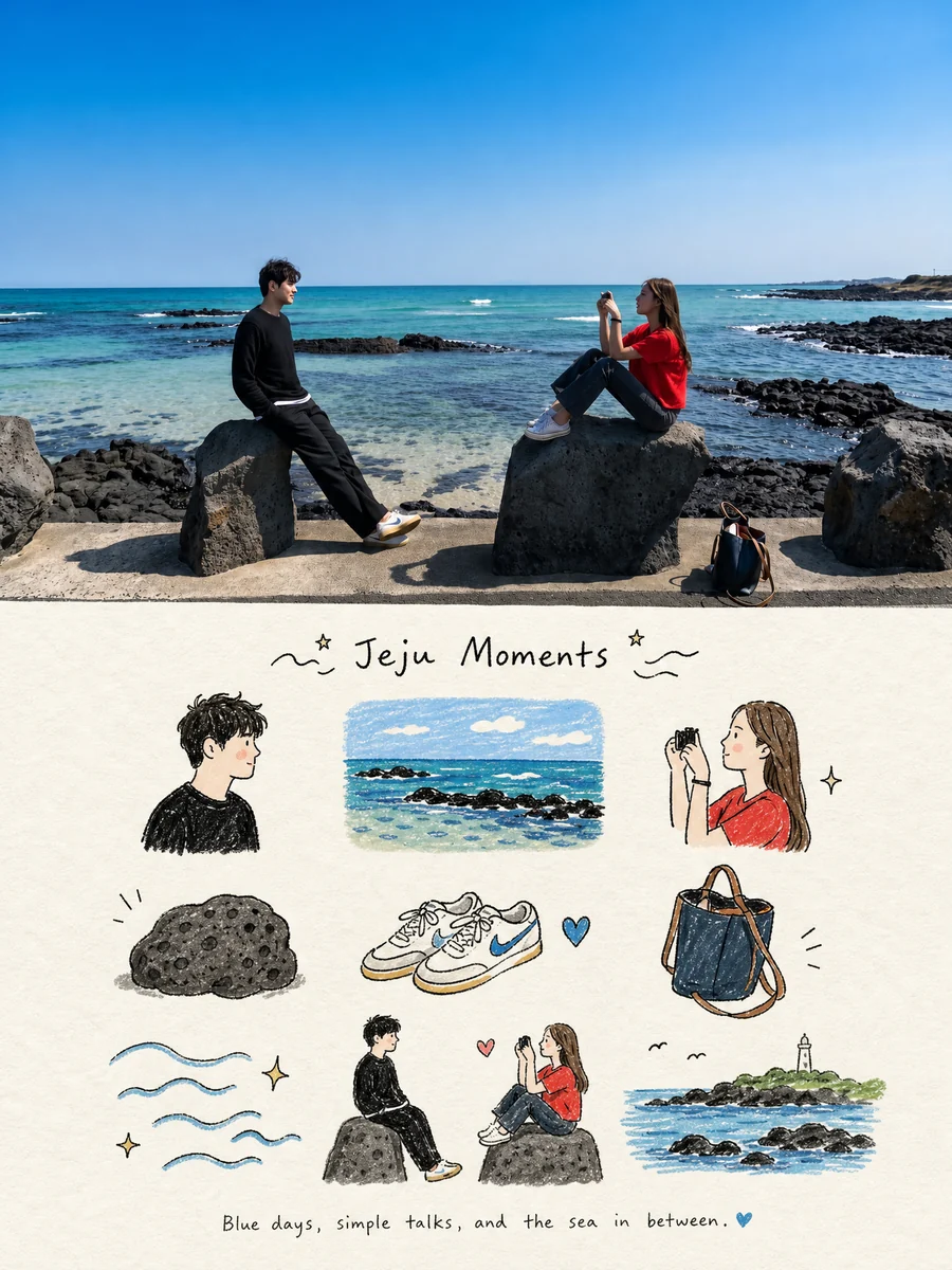 Photo de voyage accompagnée d’une planche de souvenirs dessinés à la main